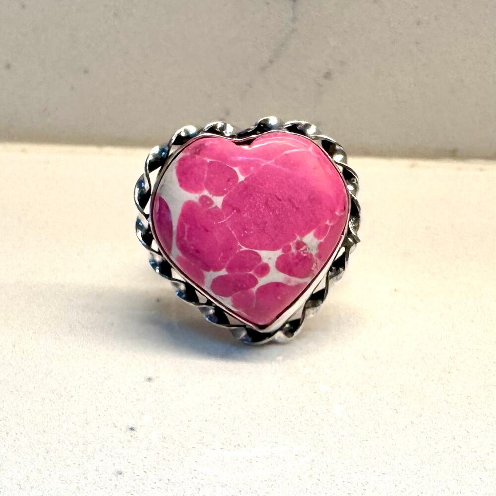 Artisan 925 Sterling Silver Pink White Heart Stone Statement Ring Size 10